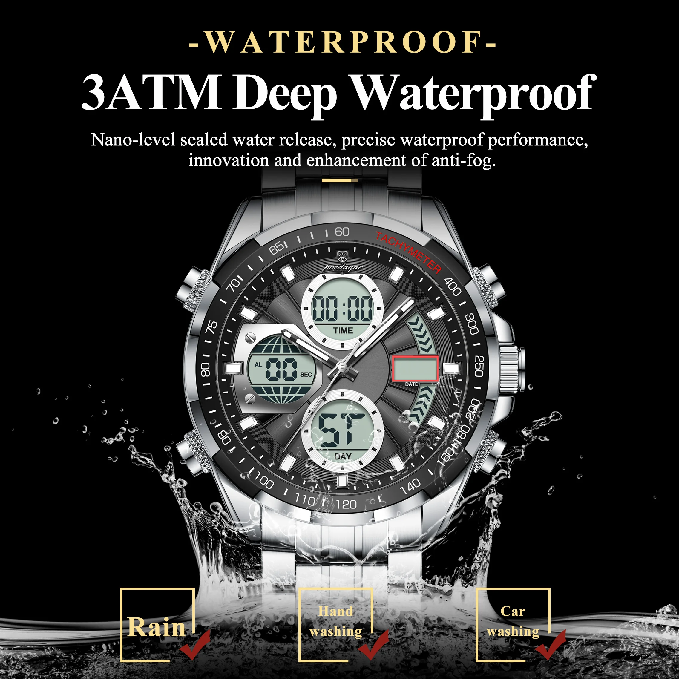 POEDAGAR High Quality Electronic Male Wristwatch Waterproof LED Men's Quartz Watches Stainless Steel Dual Time Digital Men Clock image 3