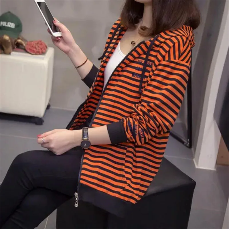 Hooded Casual Woman\'s Coat 2023 New Spring And Autumn Jacket Stripe Zipper Thin Sweater Loose Female Hoodie Cardigan Tops