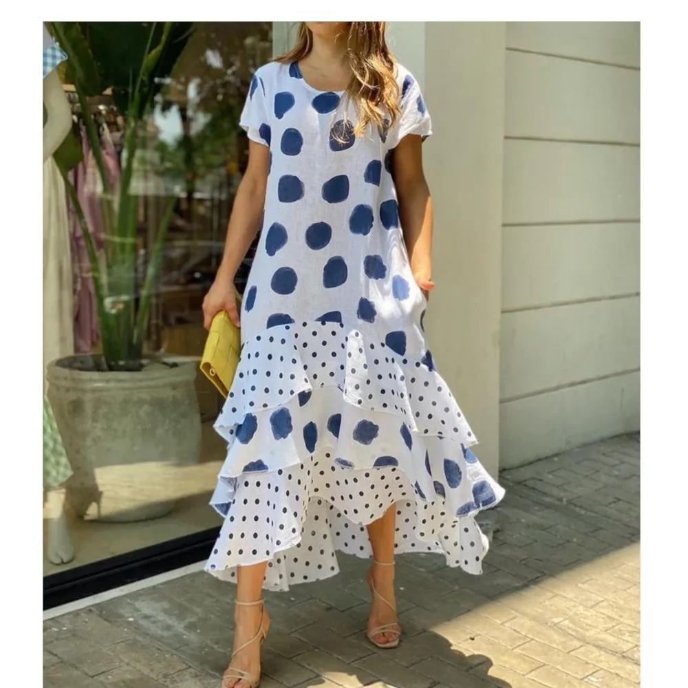 Fashion Polka Dot Print Short Sleeved Women\'s Dresses Summer New Casual Loose Overlapping Large Swing Female Elegant Long Dress