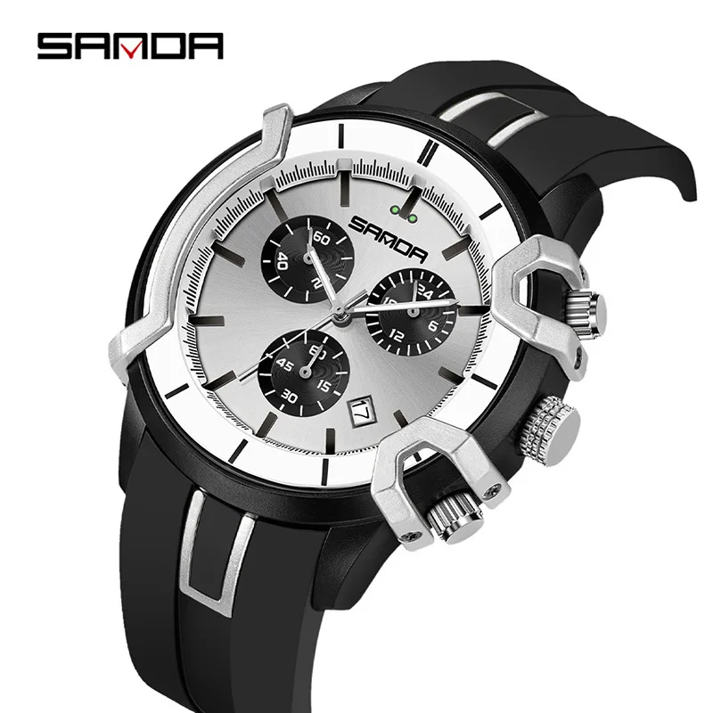 SANDA 9017 Men's Quartz Watch Multi functional Fashion Trend Cool Waterproof Calendar Silicone Strap Watch