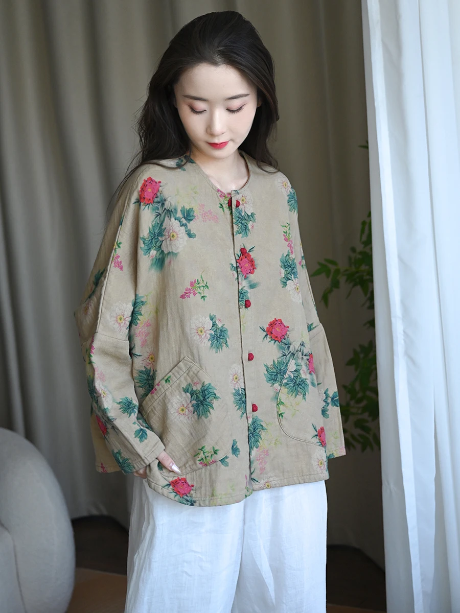 

Новая женская куртка в китайском стиле из хлопка и льна с принтом, ретро-кардиган на пуговицах, свободный крой, дышащий и комфортный топ