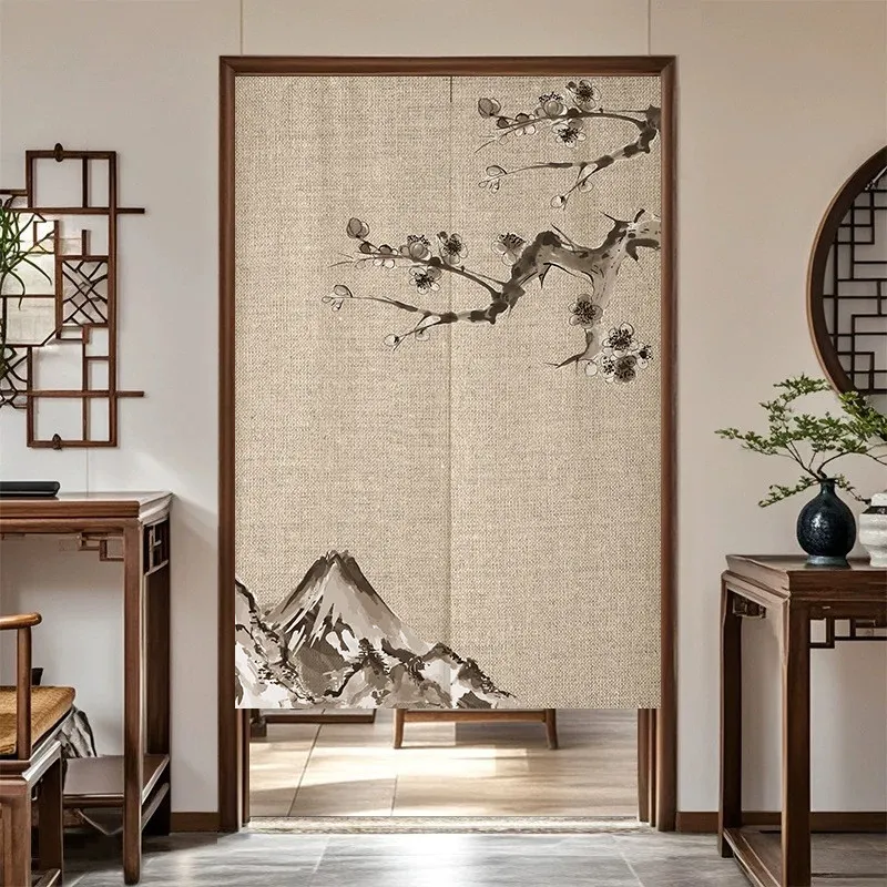 VIKAMA Ink Bamboo Noren Door Curtain Linen Texture Hanging Curtain Chinese Style Tea Room Doorway Partition Decor