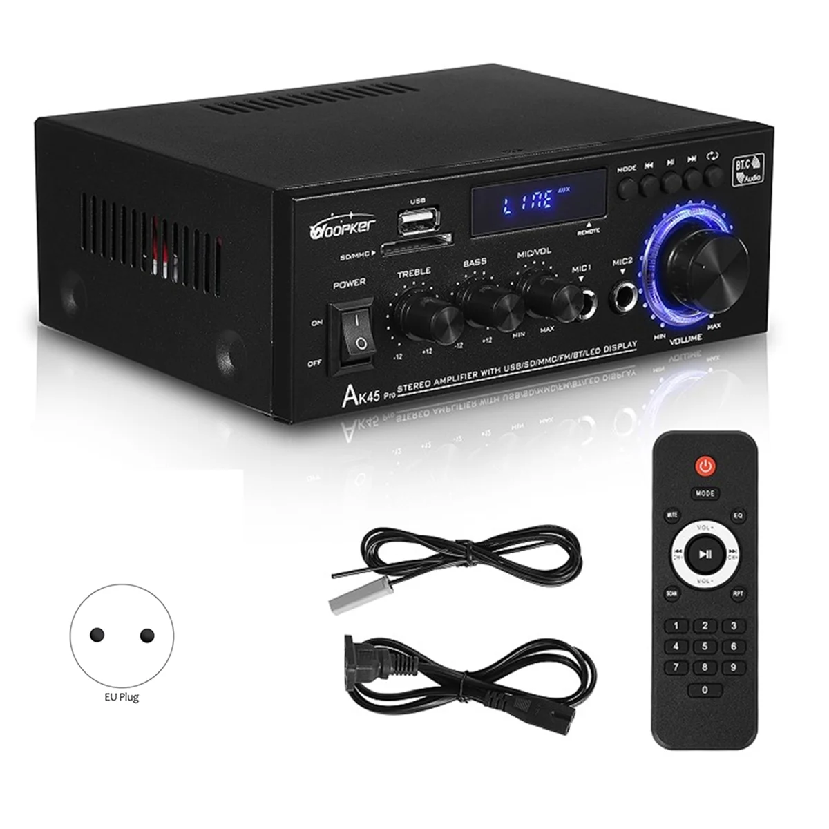 Amplificador de Audio A003 Ak45 Pro, altavoz de graves Bluetooth, compatible con salida máxima de 820W, entrada de 90-240V, 50W + 50W, actualización remota, enchufe europeo