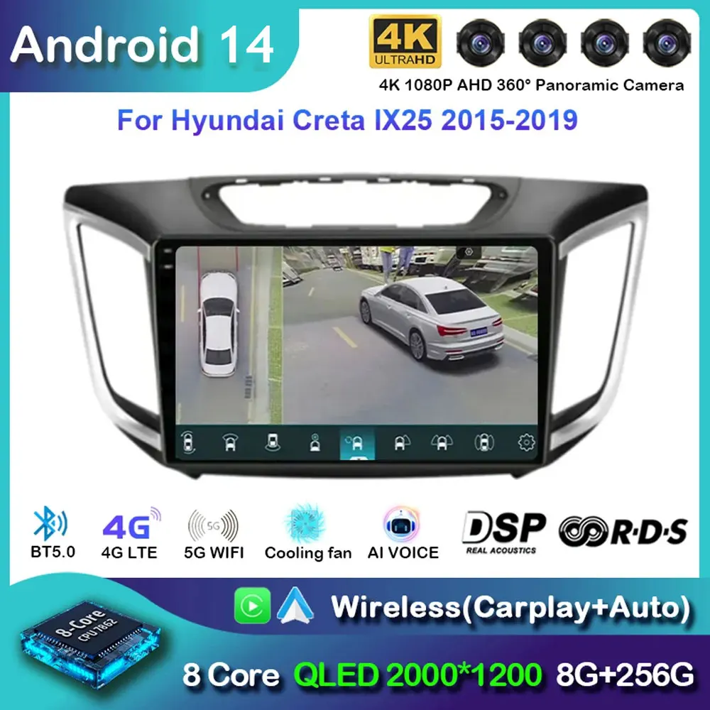 

Android 14 Car Radio For Hyundai Creta ix25 2015 - 2019 Navigation Multimedia Player Stereo WiFi+4G DVD Video DSP BT Carplay DVD