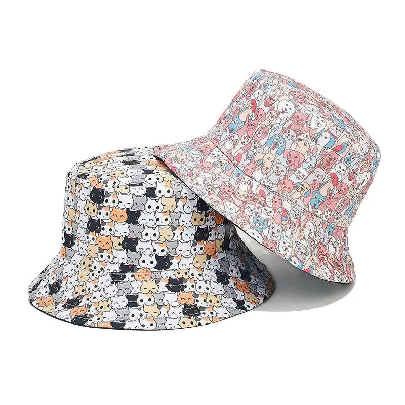 

2023 Four Seasons Cotton Cartoon Cat Print Bucket Hat Fisherman Hat Outdoor Travel Sun Cap for Men and Women 185