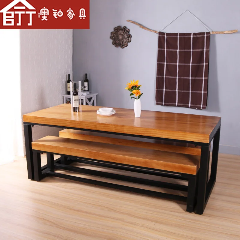 American-Style Solid Wood Dining Table Commercial Canteen Dining Table Barbecue Shop Rectangular Dining Table and Chair