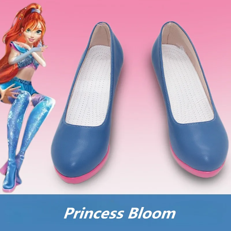 

Winxclub Princess Bloom Cosplay Costume Handmade Faux Leather Blue Shoes For Christmas Halloween Party