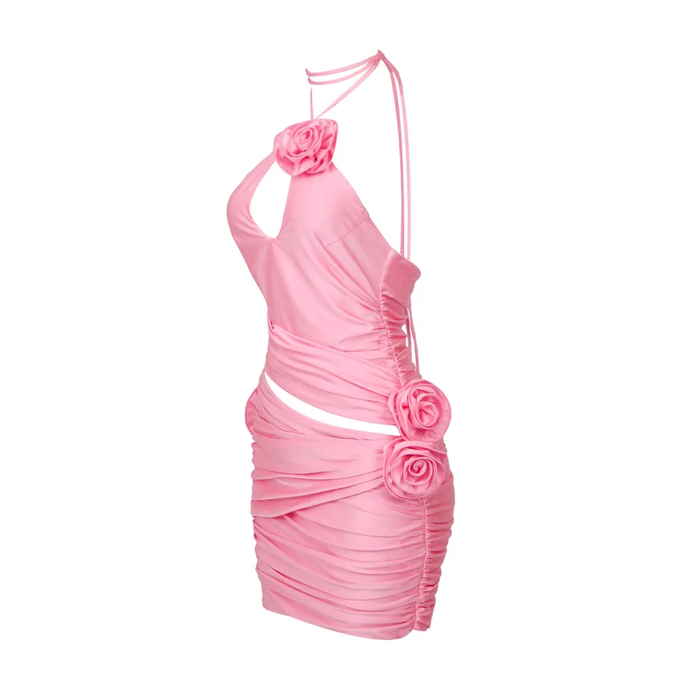 Chic Pink 3D Floral Halter Mini Dress Sexy Backless Cutout Ruched Bodycon Gowns Stylish Beach Vacation Prom Graduation Dress
