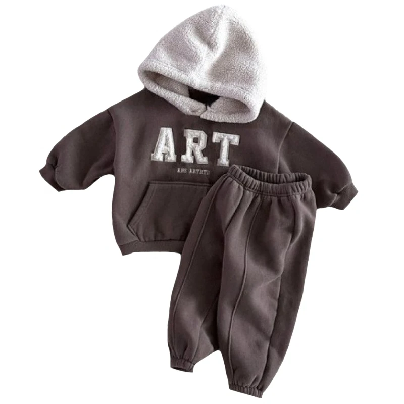 1 2 3 4 5 6 سنوات طفل الفتيان الملابس مجموعة الخريف الشتاء جديد المرقعة أفخم سميكة الدافئة هوديي السراويل 2 قطعة للبنين الزي غير الرسمي