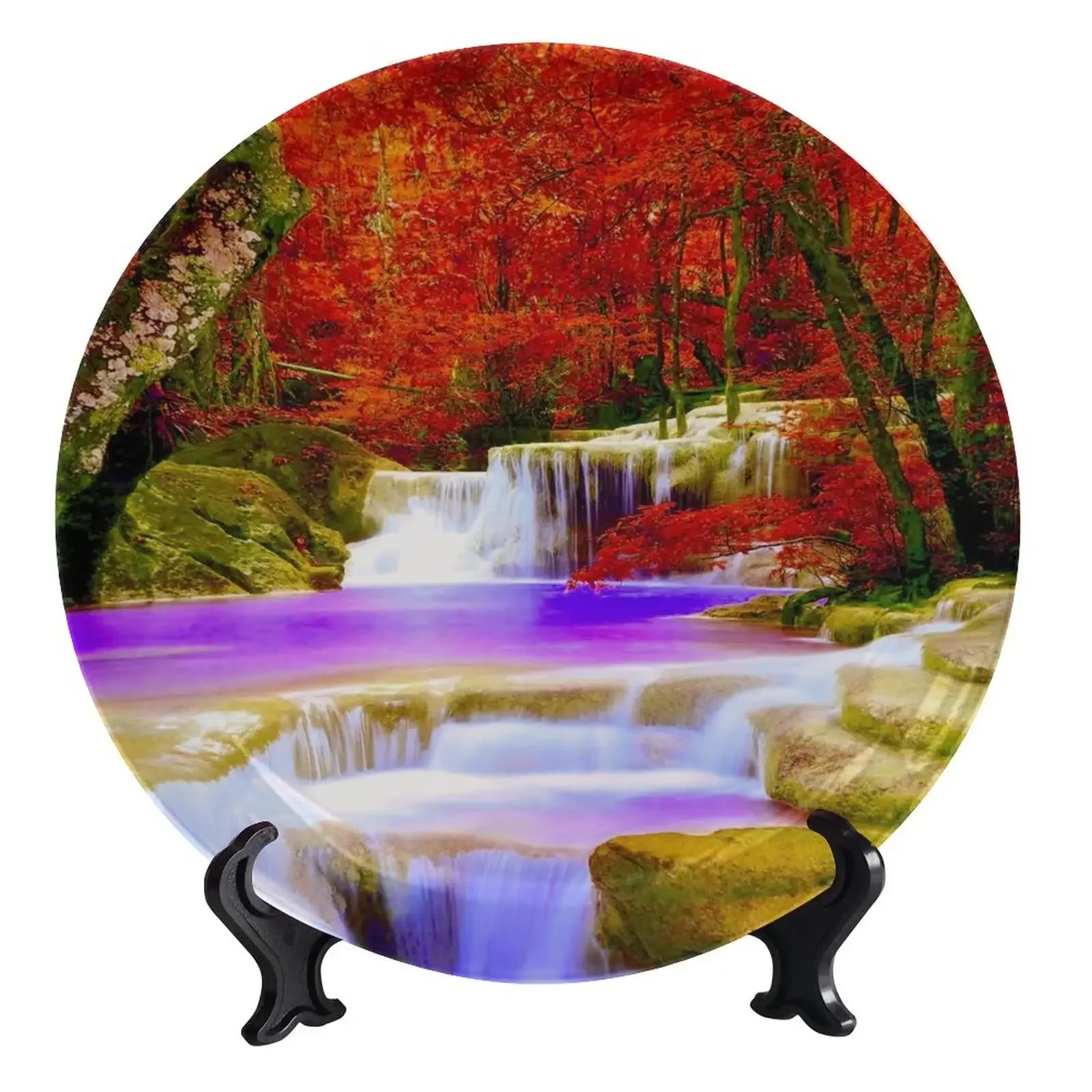 Waterfall Ceramic Decorative Plate, Nature Theme Decorative Plates for Display Handmade Ceramic Wall Hanging Decors with Stand