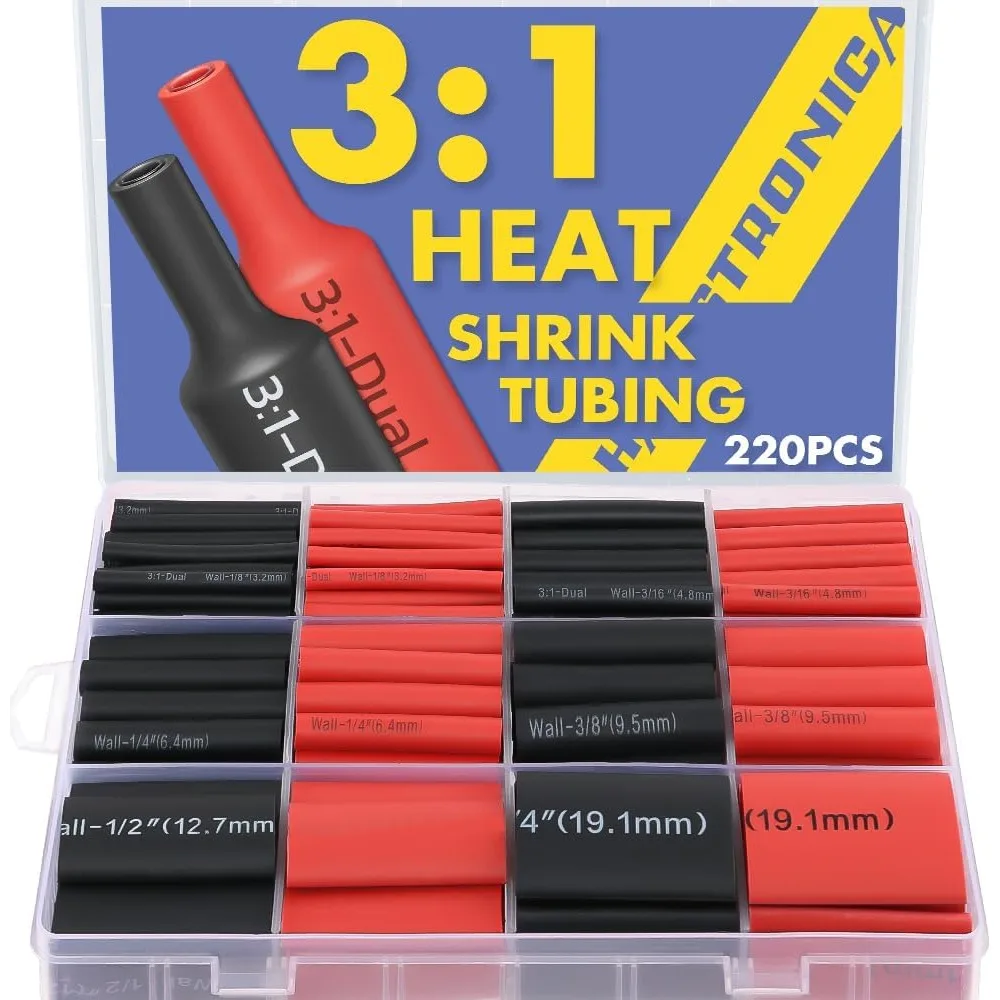

Adhesive Lined Heat Shrink Tubing Kit Marine Grade 220PCS Six Sizes 1/8 to 3/4 Inch 1.75 Inch Length Black Red