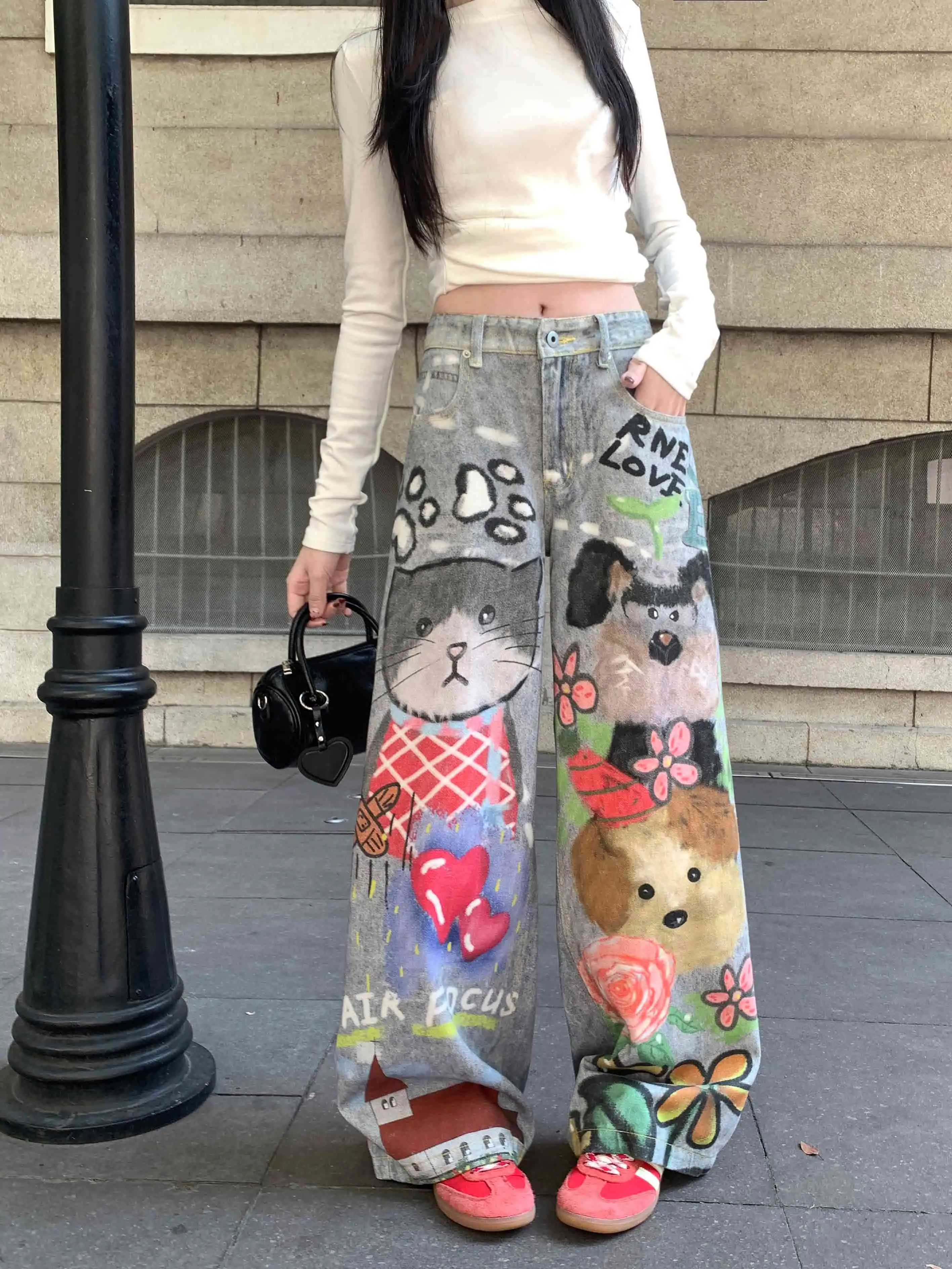 Doodle-printed Jeans American Casual Style Vintage Straight Loose-fitting High-street Wide-leg Pants Y2k Baggy Jeans For Women