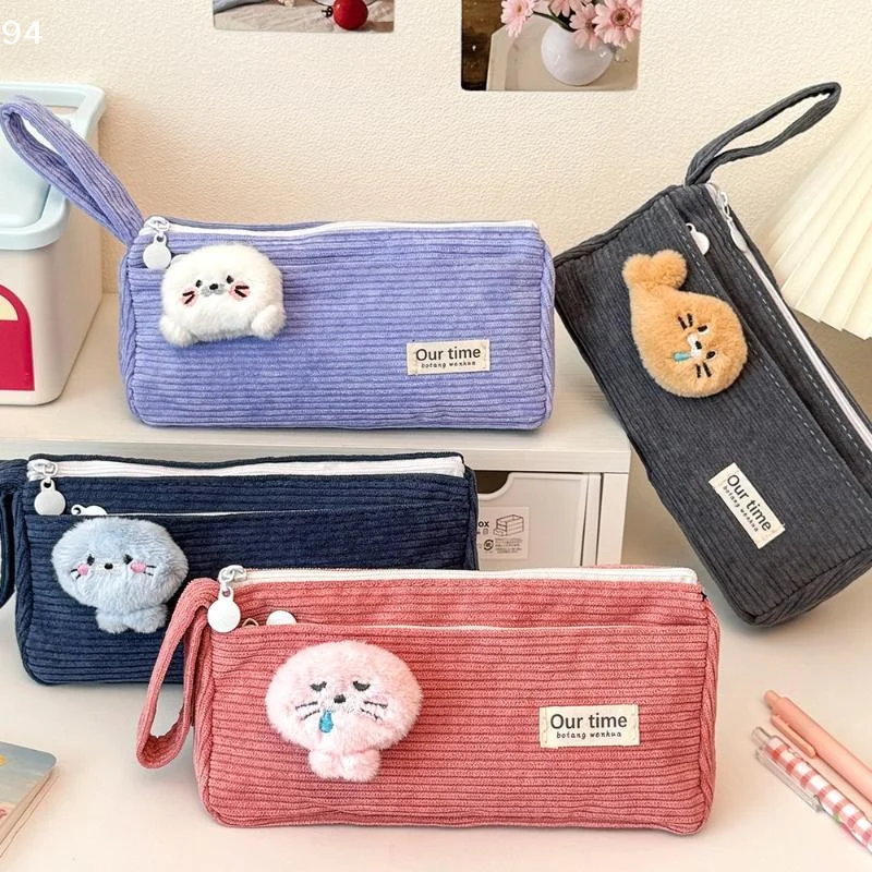 Corduroy Pencil Case Large Capacity Multifunctional Stationery Pen Case With Brooch Solid Color Pen Storage Bag Stationery