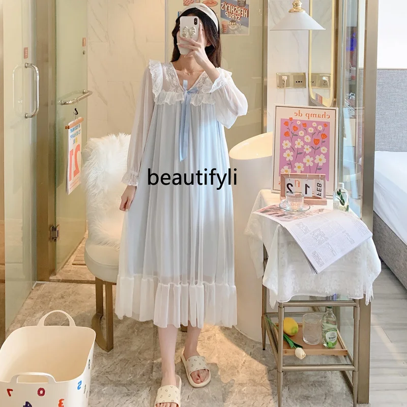 French Sexy Lace Palace Style Nightdress Women's Cotton Long-Sleeved Pajamas Spring and Autumn Long Homewear Summer Cotton