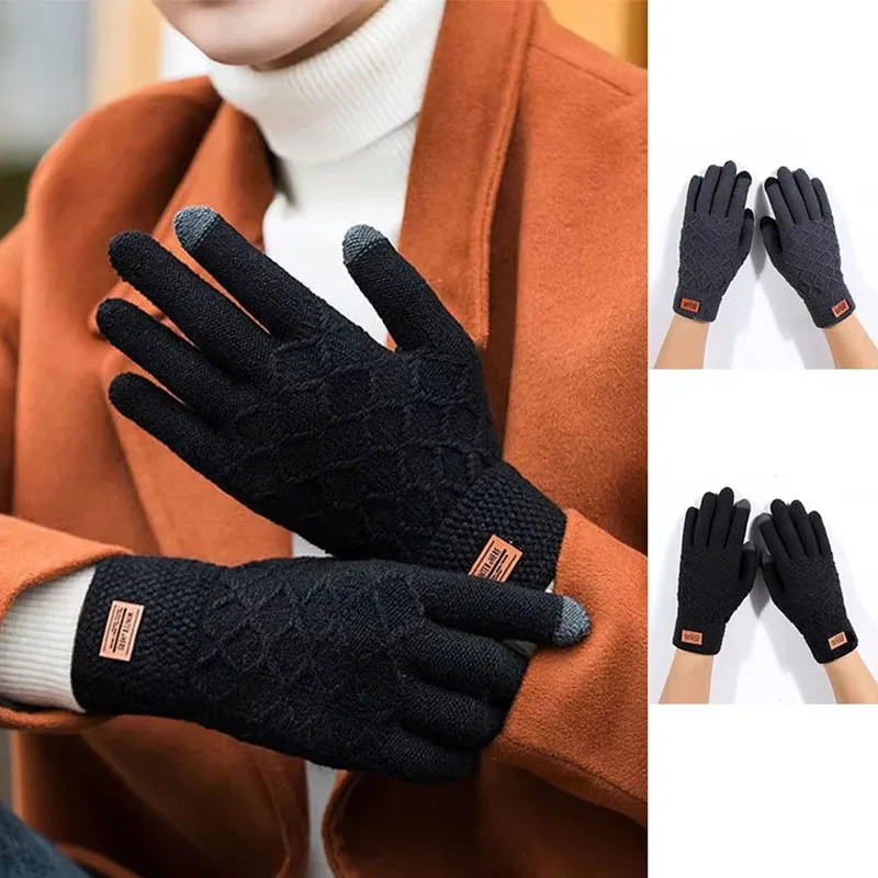 Autumn Winter Version of The Touch Screen Knitted Wool Plus Velvet Thickening Outdoor Riding Gloves for Men Accessories Gifts