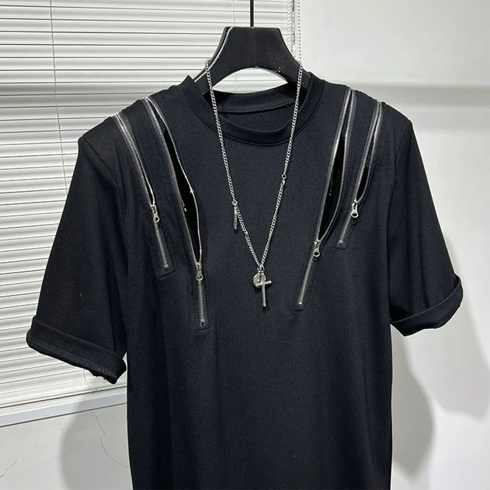 Mens Irregular Zipper Splicing T-Shirt Genderless 2024 New Fashion Personality Casual Versatile Short-Sleeved Top For Men