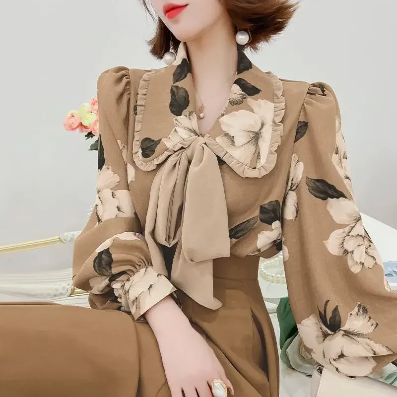 

Vintage Hong Kong Style Printed Shirt Women's Clothing Commute Peter Pan Collar Spring Autumn Fashion Drawstring Bow Blouse L164