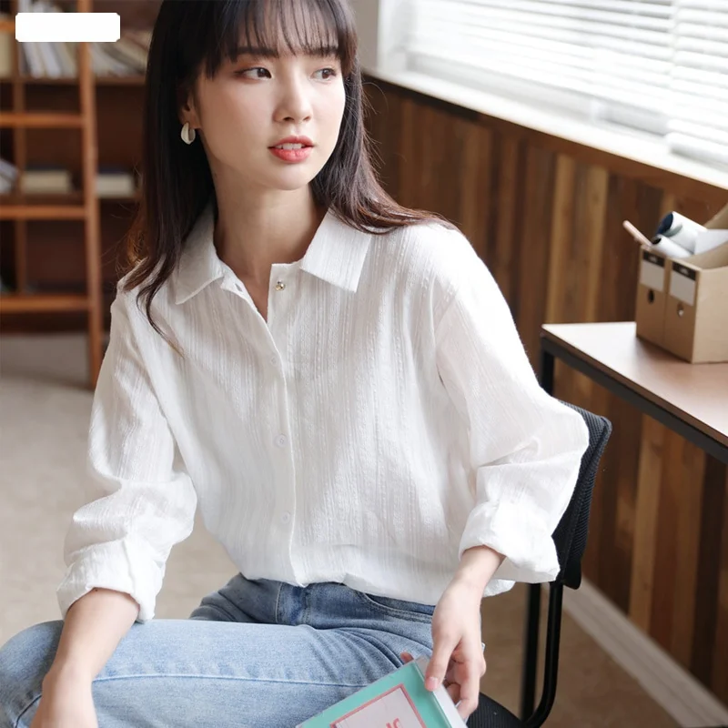 

Dongdaemun Women's Textured White Shirt Loose Long Sleeve Spring Autumn Fashionable Elegant Korean Style Pure Color Collar