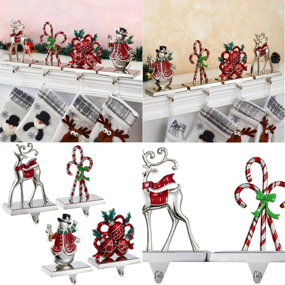 

4-Piece Christmas Mantel Stocking Holders Set: Deer, Snowman, Candy Cane Hangers for Fireplace and Garland