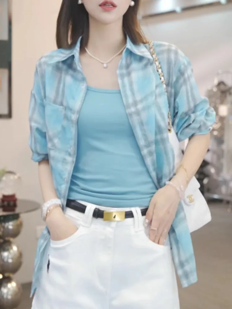 

Blue Plaid High-End Women's Summer Shirt Long Sleeve Sun Protection Outerwear Korean Style Straight Cut Breathable Comfortable