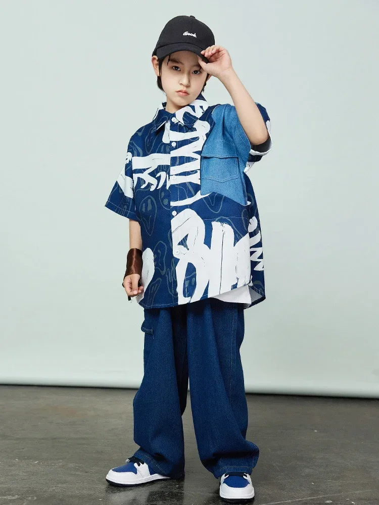 Street Dance Clothes Hip Hop Outfit Blue Shirt Pants Kpop Jazz Dance Clothing Children's Day Dancewear Festival Costume DL10427