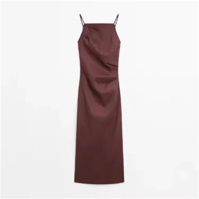 

Brown Mixed Linen Strap Dress Midi Length Backless Women's Dresses Commute Casual Daily Slim Vestidos Robe