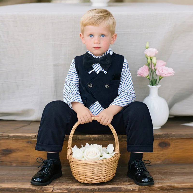 Boys Suit 2026 Spring and Autumn New Childrens Clothes Boys Baby Gentleman's British Style Waistcoat Formal Three-piece Set
