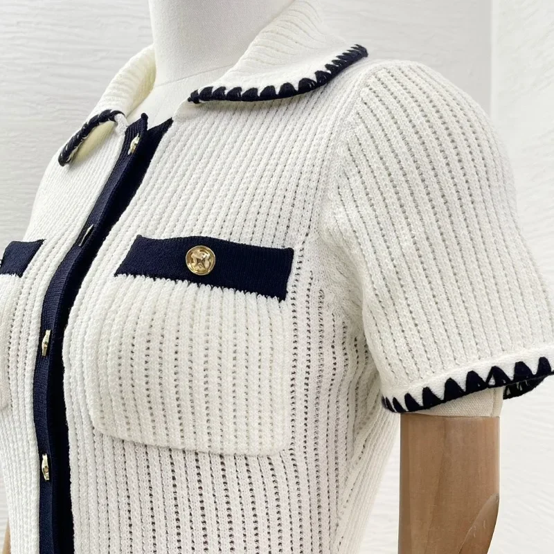 Mini abito da donna avorio bianco colori a contrasto bordo all\'uncinetto a mano lavorato a maglia elegante nuova alta qualità 2024