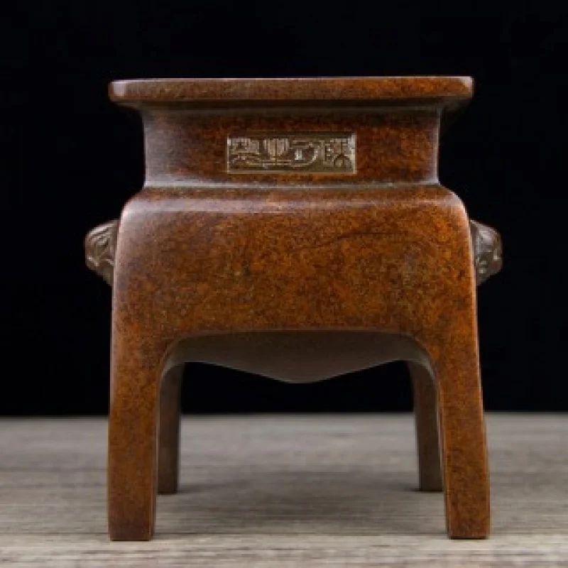 Pure Copper Fine Double Beast Ear Four-Legged Square Incense Burner Censer Stand Office Living Room Shop Desktop Decoration Orna