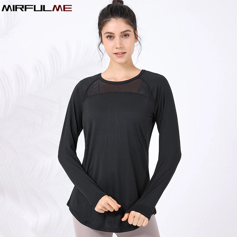 Women Loose Yoga Shirts Long Sleeves T-Shirts Mesh Breathable Sport Running Sweatshirts Covering Buttock Gym Fitness Tops Blouse