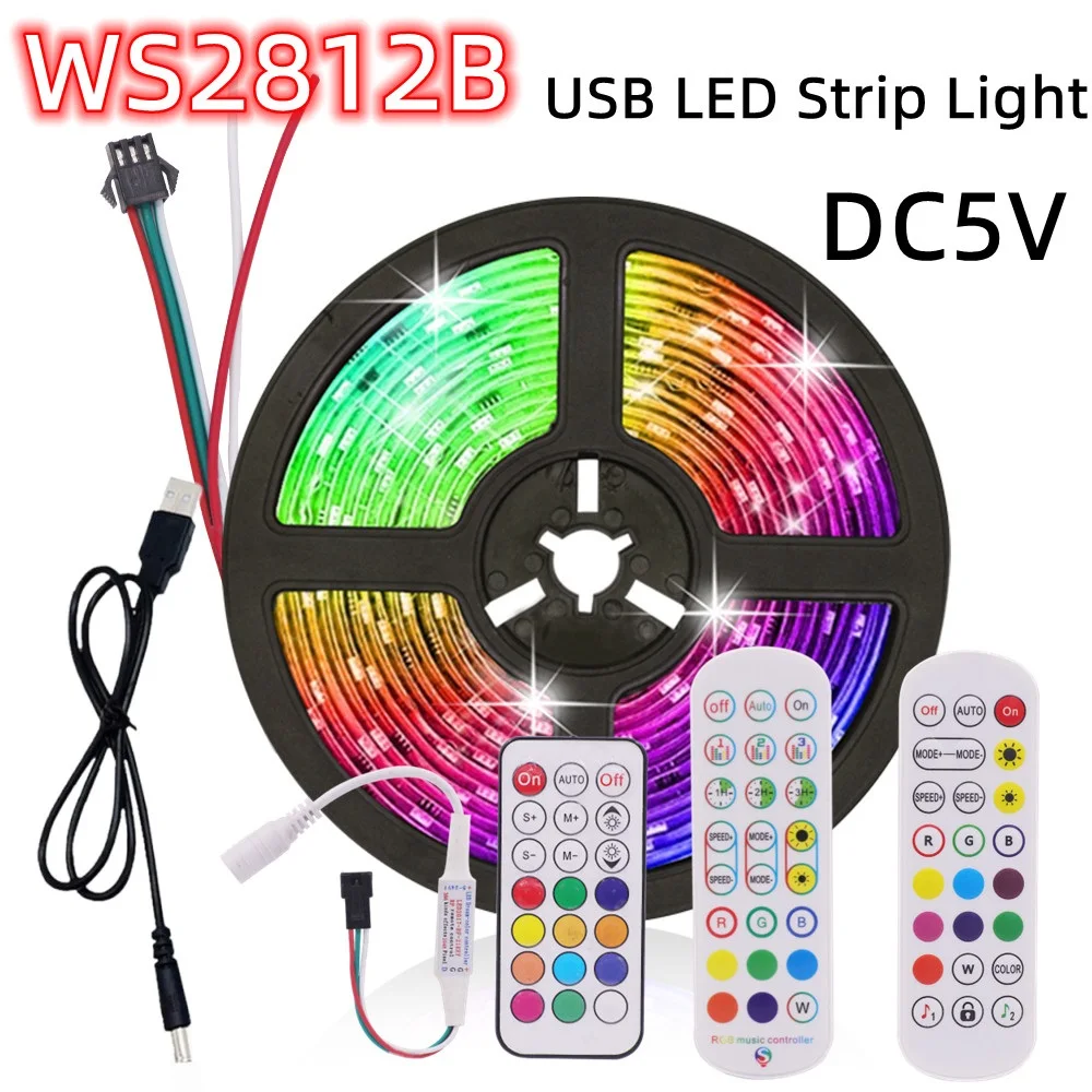 USB WS2812B Pixel LED Strip Light 30LEDs/m 60LEDs/m WS2812IC RGB Flexible Individually Addressable TV Backlight Home Party Decor