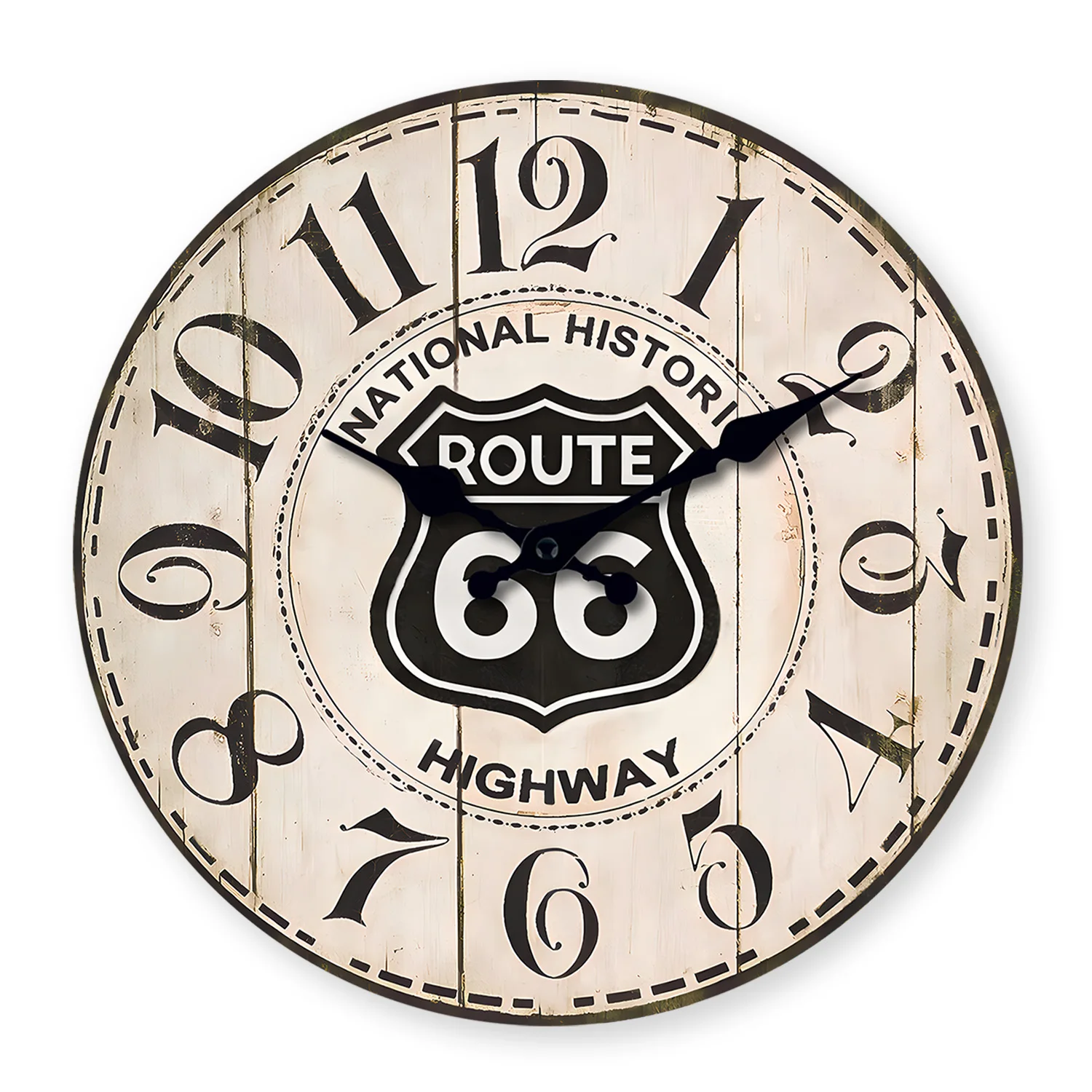 Retro Highway 66 Pattern Wooden Wall Clock for Living Room, Bedroom, Kitchen, Home Decor, Silent Quartz Clock, Holiday Gift, 10 Inches, 12 Inches, 14inch, 16inch (Battery Not Included)