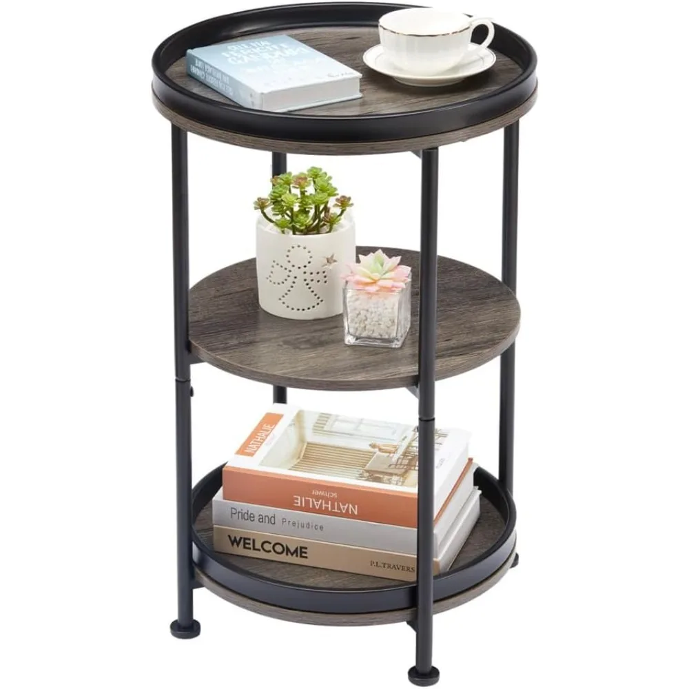 

Round Side Table with 3 Shelves for Living Room, Bedroom Nightstand with Steel Frame for Small Spaces