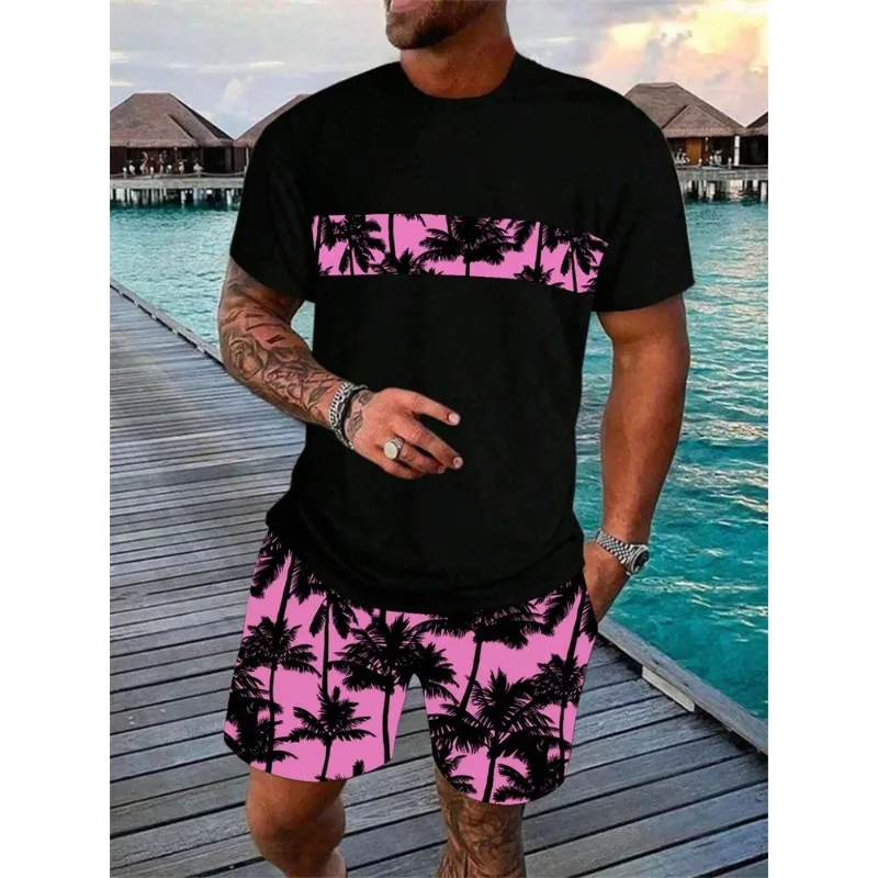 2025 Fashion Summer 3D Hawaiian Coconut Printed Men's Set Street T-shirt Shorts Two Piece Set Short Sleeve Breathable Sportswear