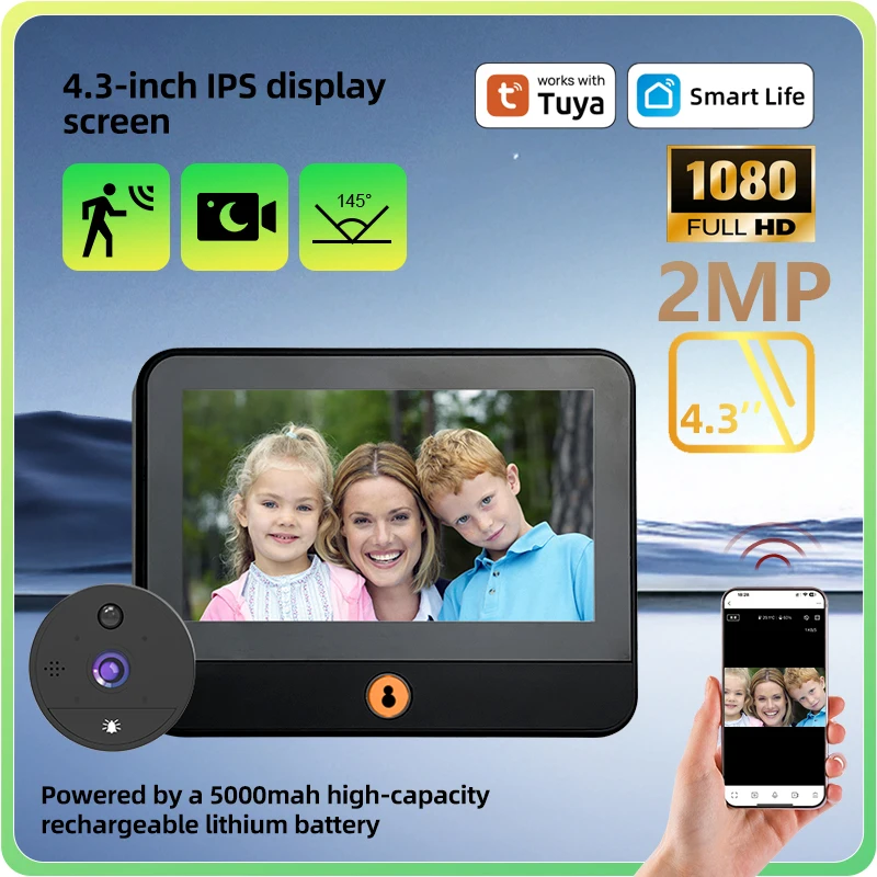 

DANMINI 1080P WIFI Tuya Smart 4.3Inch LCD Display Digital Peephole Doorbell Camera Built-in Music Doorbell PIR​5000mah Battery