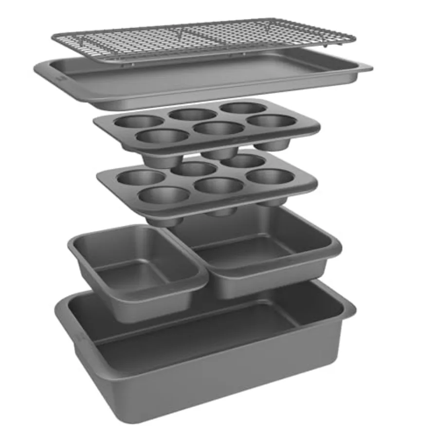 

7-Piece Nesting Bakeware Set - Carbon Steel Nonstick Baking Sheet, Loaf Pan, Muffin Pan, Cake Pan, Roaster and Cooling Rack - S