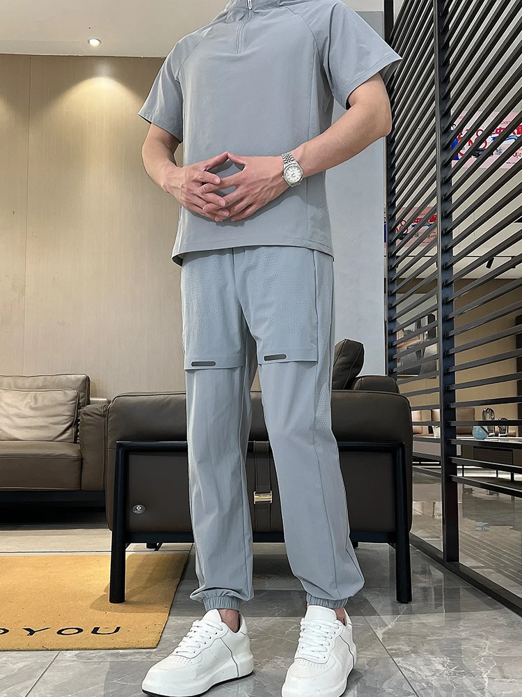 

Trendy Quick Dry Mesh Half Zip Short Sleeve Set Men Summer Ice Silk Cool Feeling Breathable Drawstring Pants Sports Two Piece...