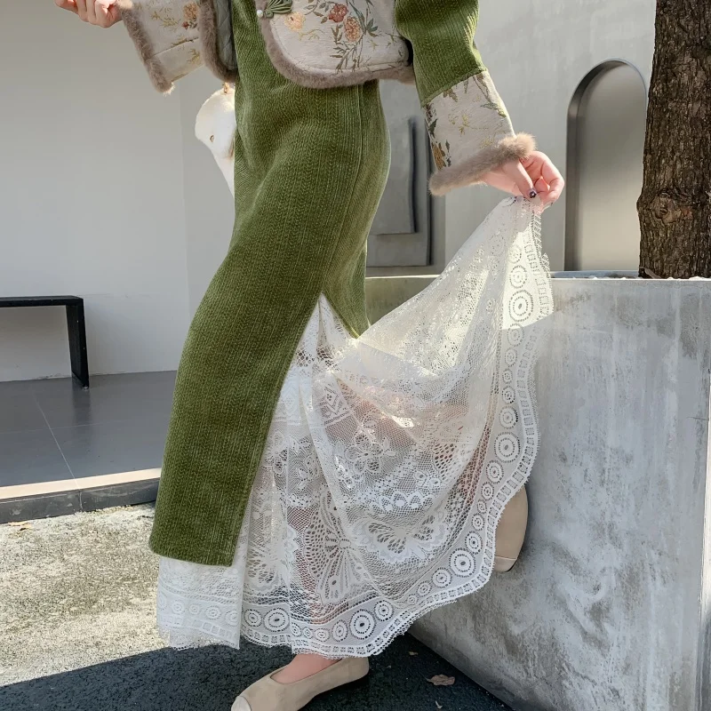 

Retro Long Lace Me f Skirt Women's Qipao Inner Wear Slimming A-Line Skirt Luxury Sle Ci Walk Polyester Fabric