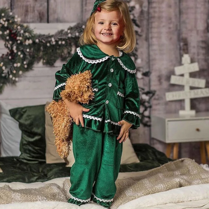 New Kids Tales Pajamas Sets Sleepwear For Girls Children's Clothing Boys Velvet Lace Long Sleeve+Pants Baby Suit 9M-9Years  123