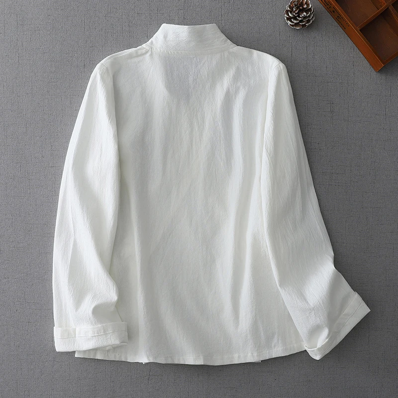 Csa de Manga Longa Estilo Chinês Fena Casual com Gola Cruzada e Laço em Aodão Tamanho ande Moda de Início de Outono