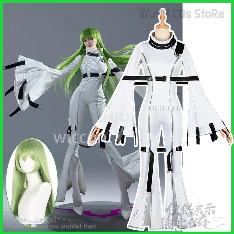 

Anime CODEE GEASSS Cosplay C.C. Costume Wig Sexy White Tight Leather Jumpsuit Woman Carnival Halloween Party Suit Customized