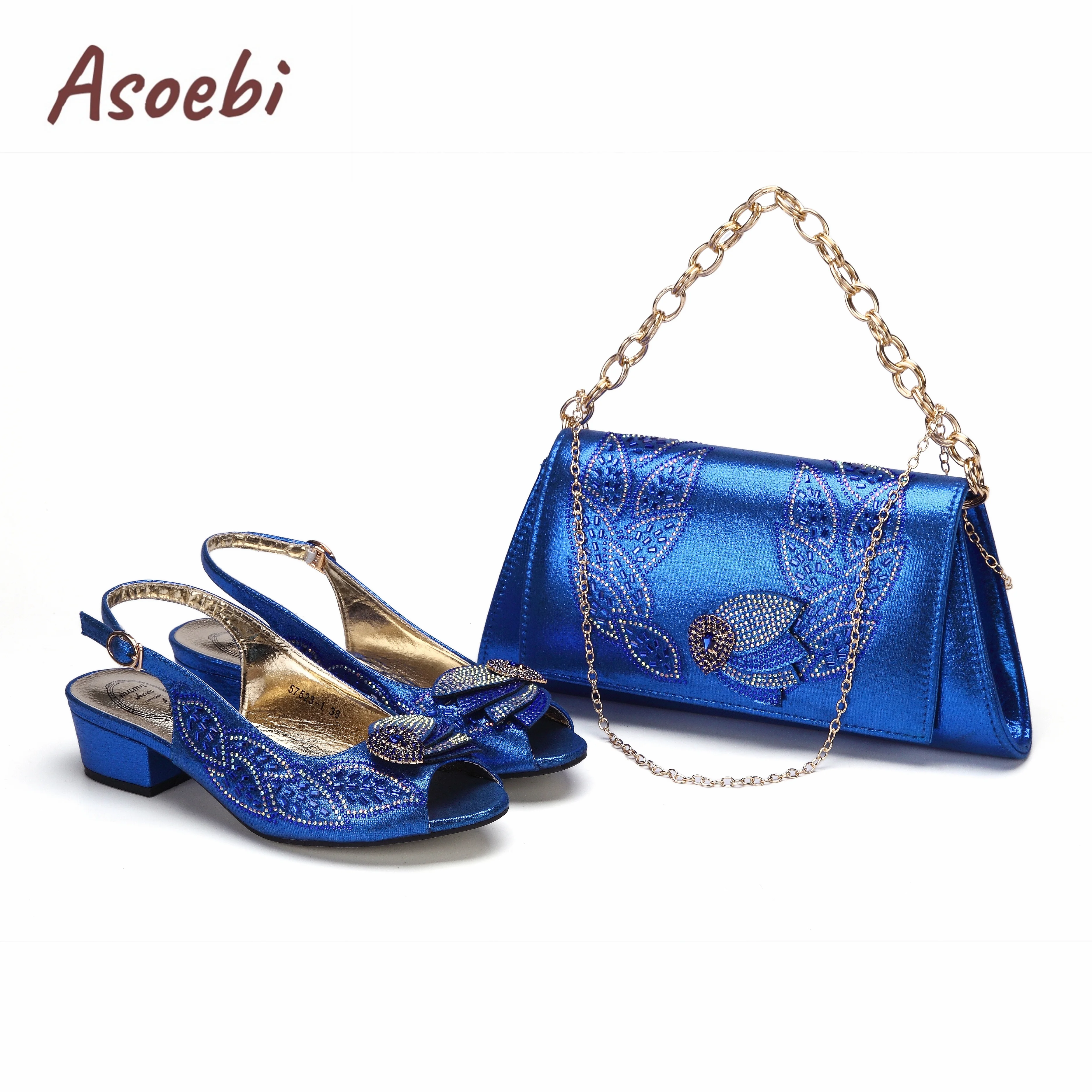 Hot Selling Royal Blue Peep Toe Ladies Sandals Shoes Matching Bag Set For Nigeran Women Wedding Party Pump