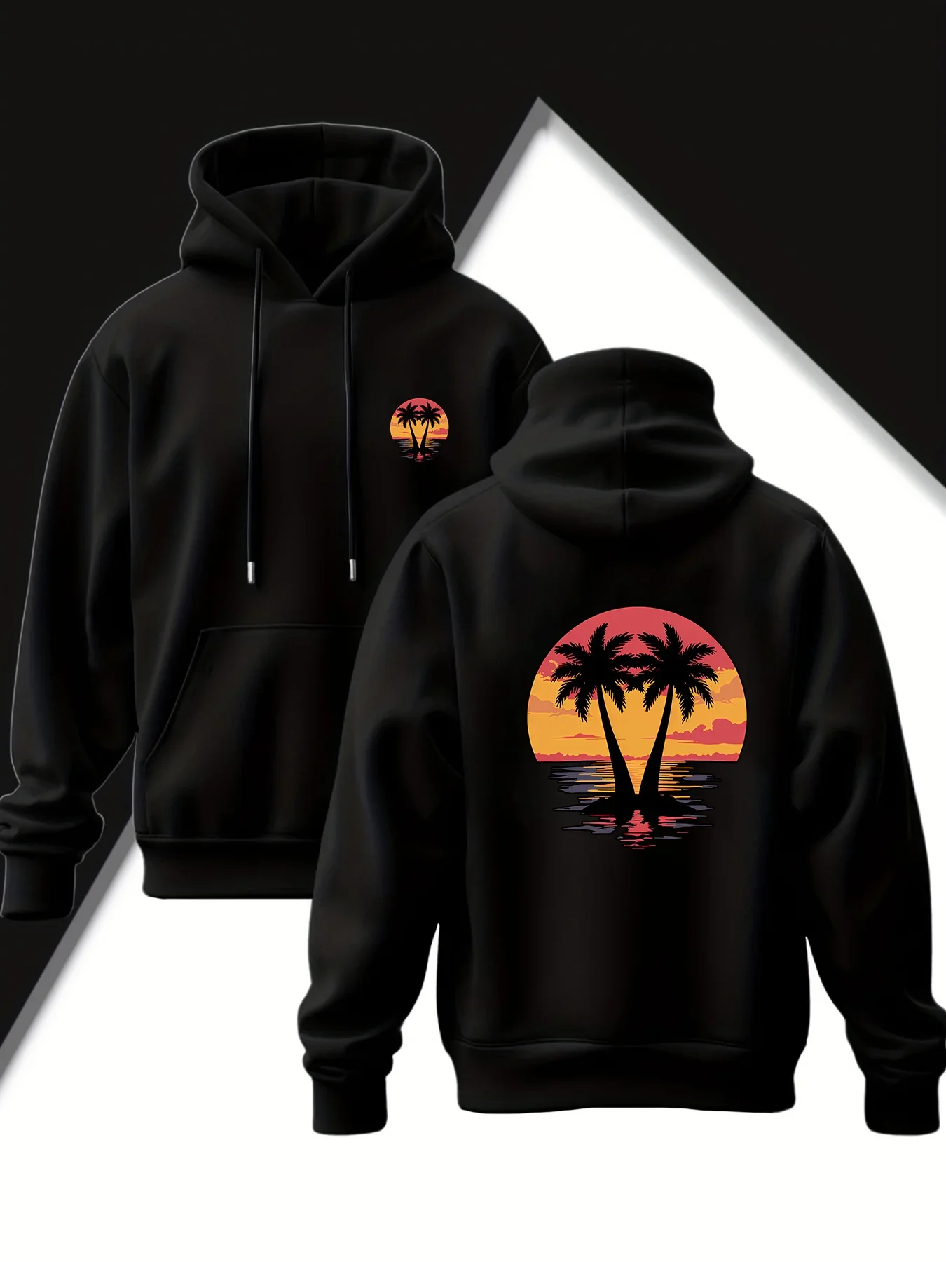 Men's Vintage Sunset Palm Tree Double Sided Print Hoodie, California Beach Streetwear, Unisex Oversized Autumn Pullover