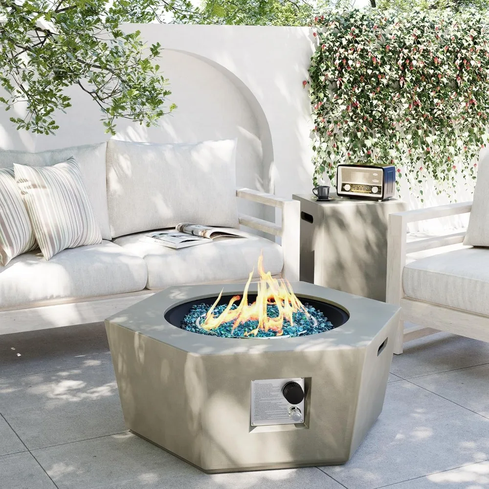 

41-inch Outdoor Propane Gas Fire Pit Table, for Outside Patio with Tank Cover,Blue Fire Glass,50000 BTU Hexagon Concrete Firepit