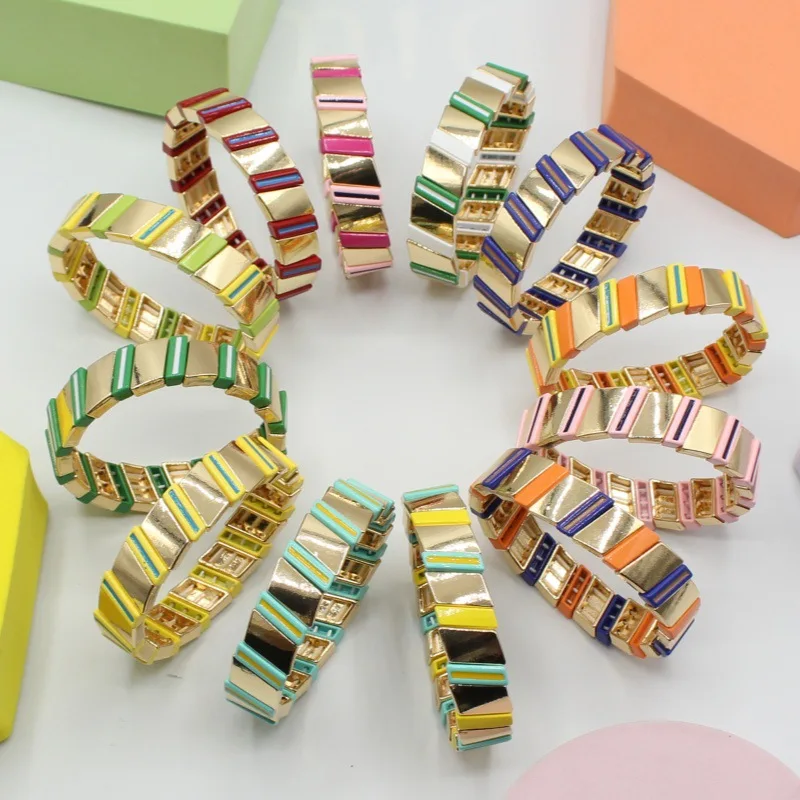 

Summer hot-selling geometric oblique rectangular enamel elastic bracelet hand-painted oil model