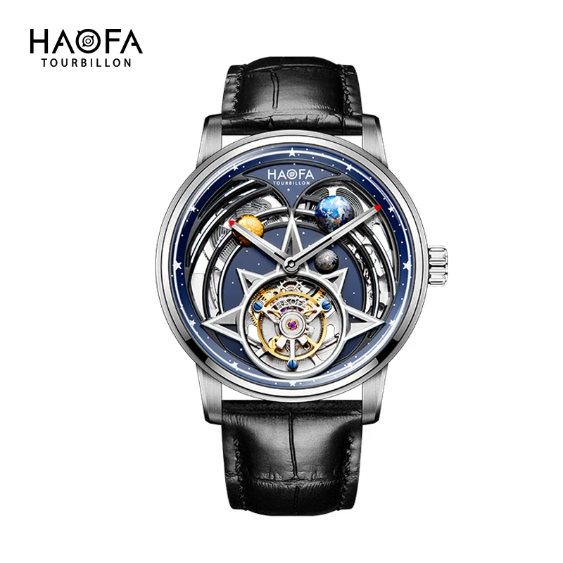 Haofa Universe Interstellar Flying Tourbillon for Men Sci-fi Luminous Automatic Mechanical Double Spring Drives Mens Watch 2268