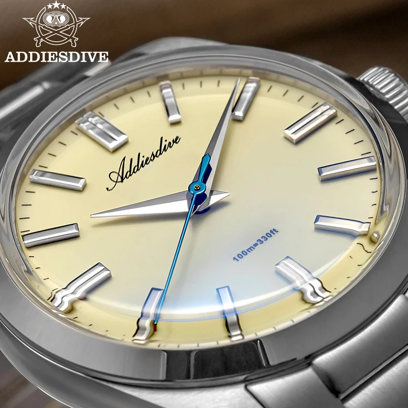 ADDIESDIVE NEW Quartz Watch Luxury Sapphire Stainless Steel Simple Classic Beige Dial 100m Waterproof Wristwatch Reloj Hombre
