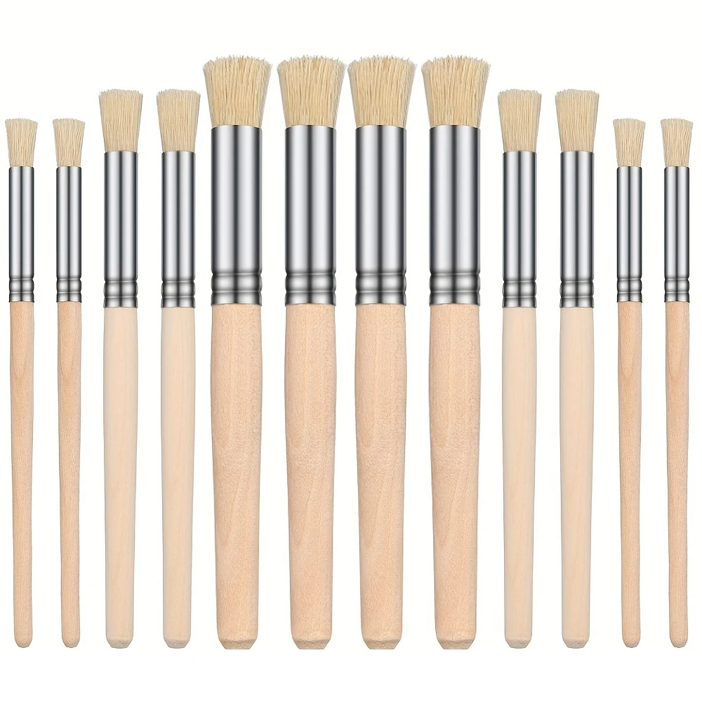 12pcs Bristle Stencil Paint Brushes Set Bristle Hair Wooden Handle Perfect for DIY Crafts Watercolor, Oil, and Acrylic Painting