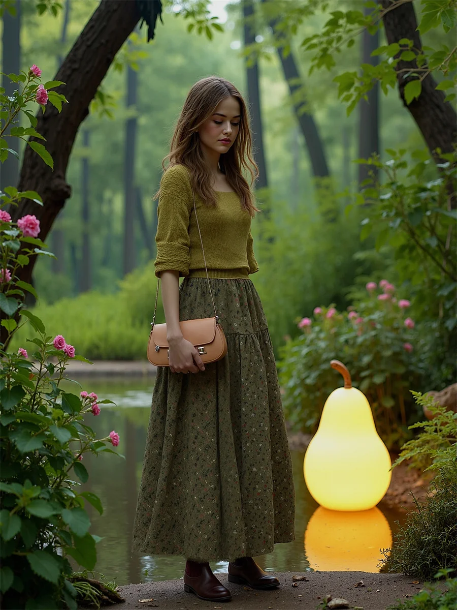 

Floral Midi Skirts Womens Satin Patchwork Ruffled Tiered Pleated Waist Chic Boho Kawaii Spring Light Unique Applique