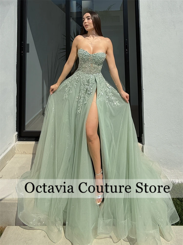 Saudi Arabic Elegant Dubai Green Sweetheart Luxury Evening Dress for Women Long Formal Prom Wedding Appliques Slit فستان وردي